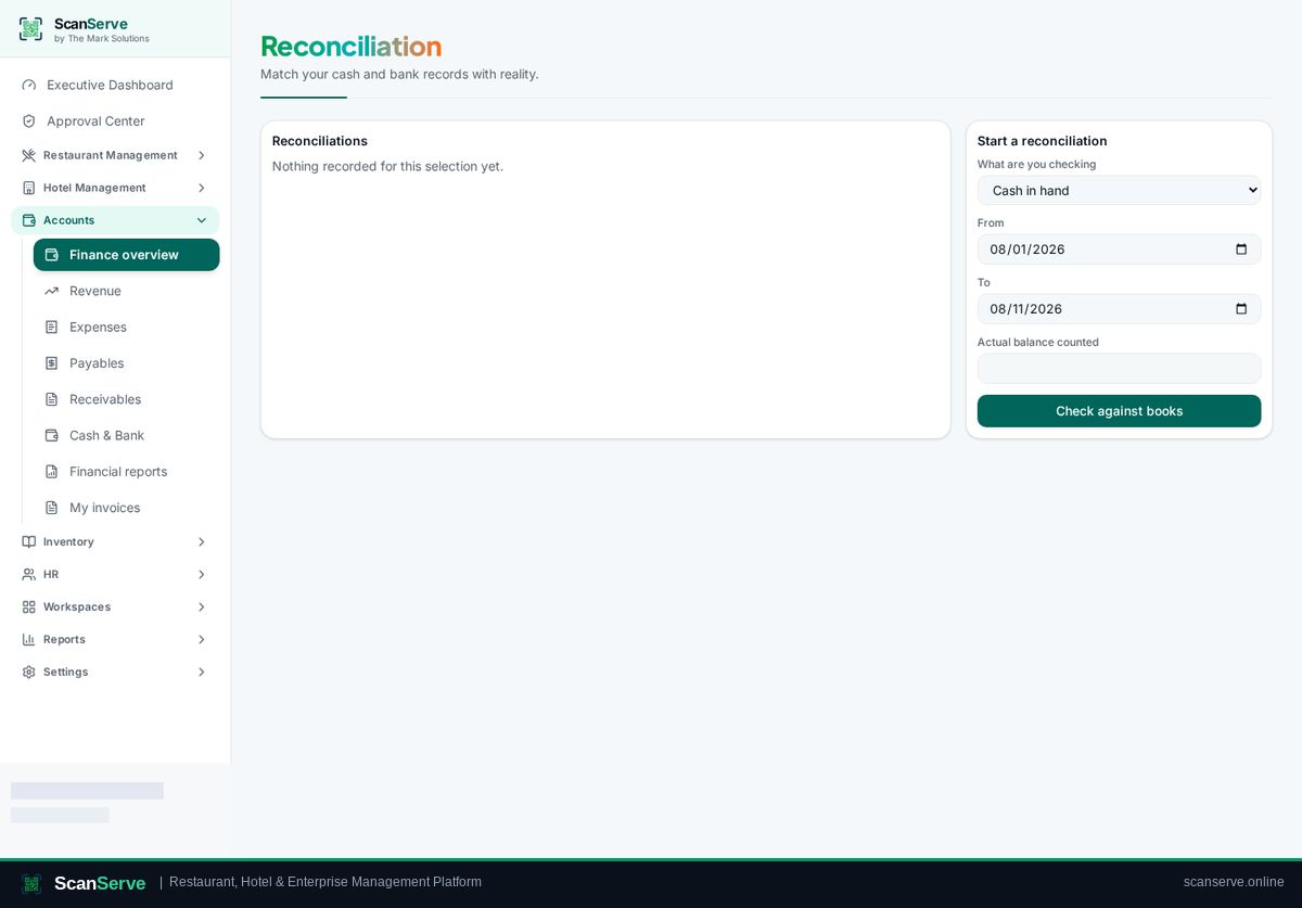 ScanServe Accounts & Finance — General ledger & reconciliation: Reconcile cash & bank