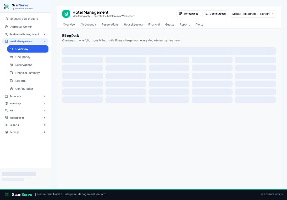 ScanServe Hotel — Guest folio & hotel billing: Post charges & payments