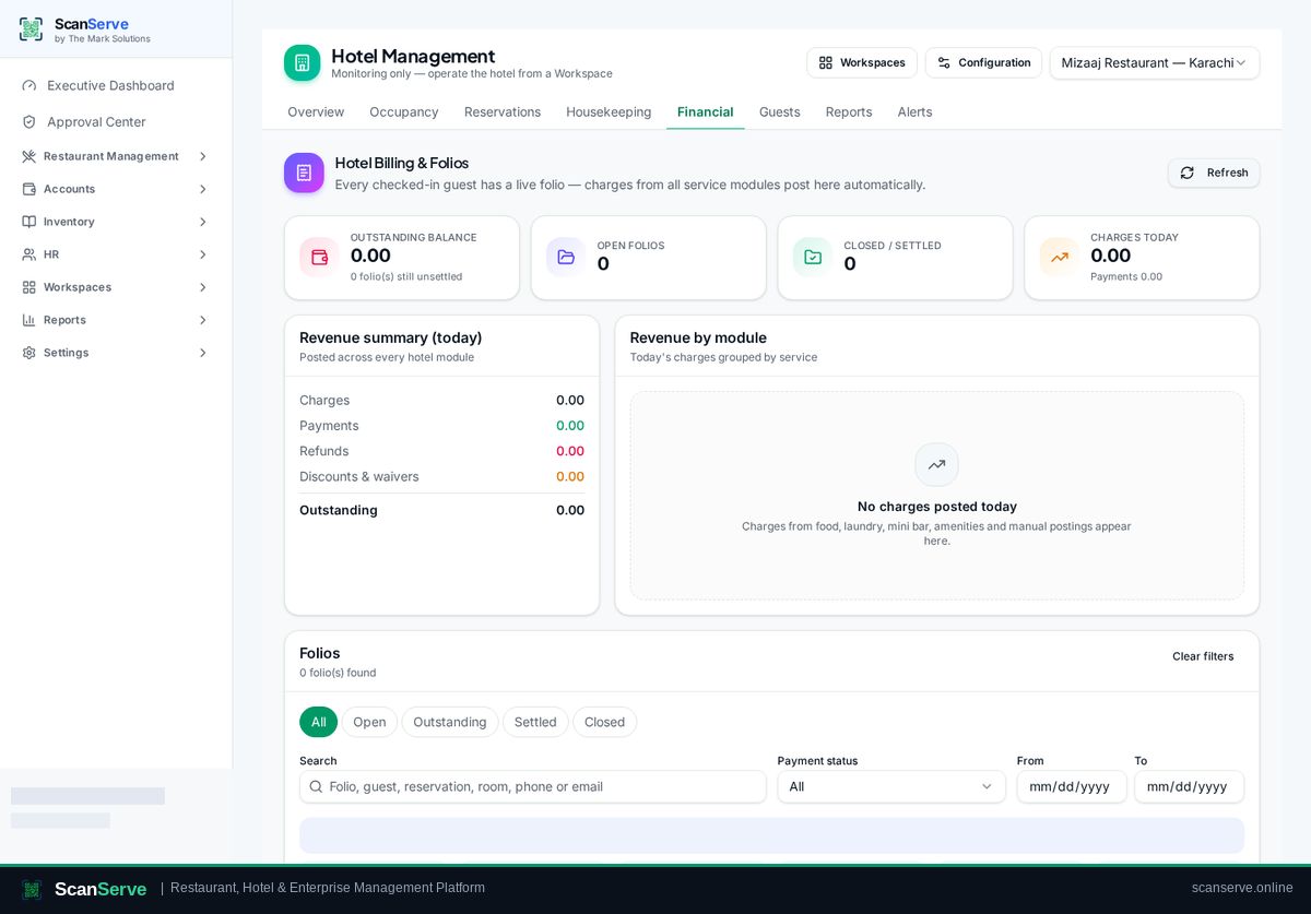ScanServe Hotel — Guest folio & hotel billing: Open the guest folio
