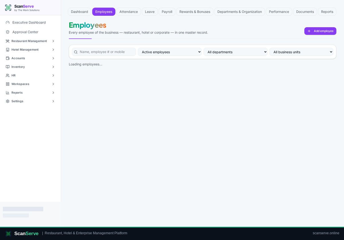ScanServe HR & Payroll — Add an employee: Go to Employees & add