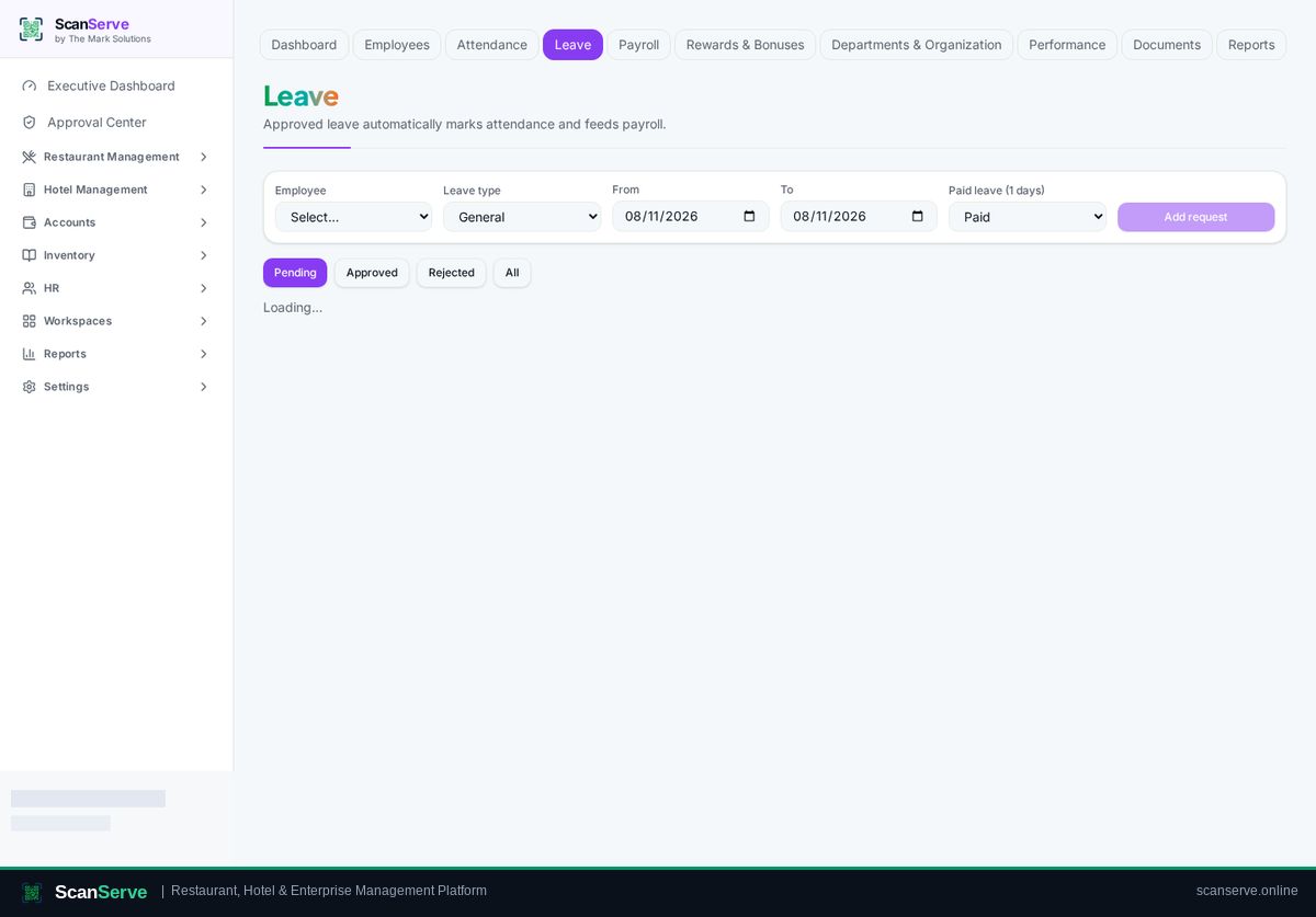 ScanServe HR & Payroll — Attendance & leave: Handle leave requests