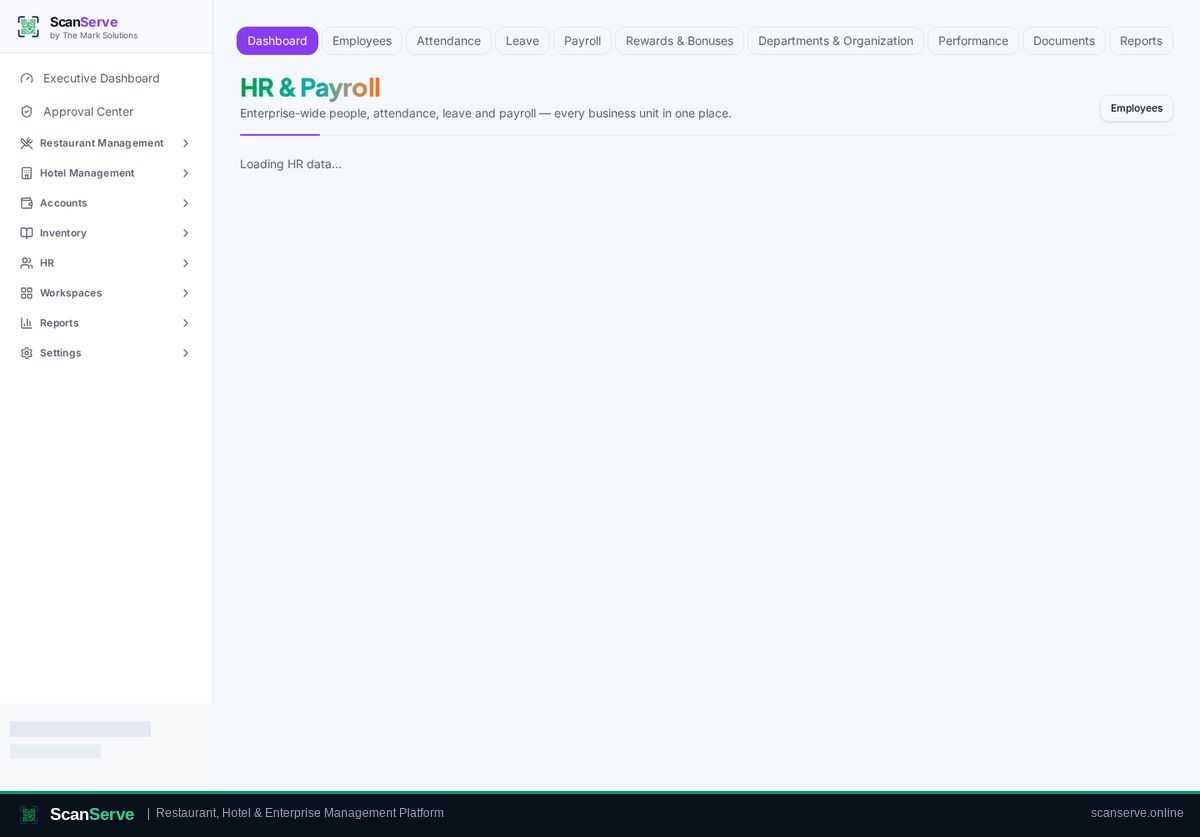 ScanServe HR & Payroll workspace dashboard
