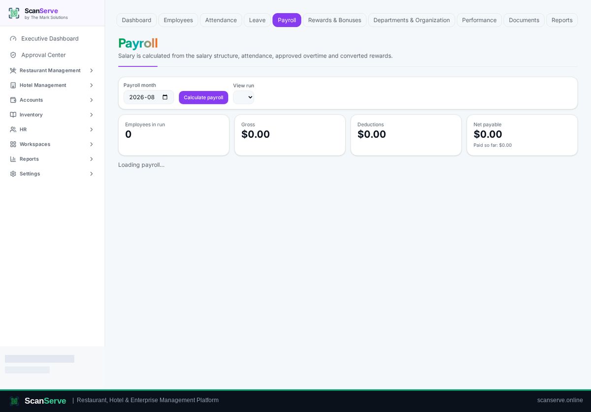 ScanServe HR & Payroll — Run payroll & issue payslips: Open Payroll