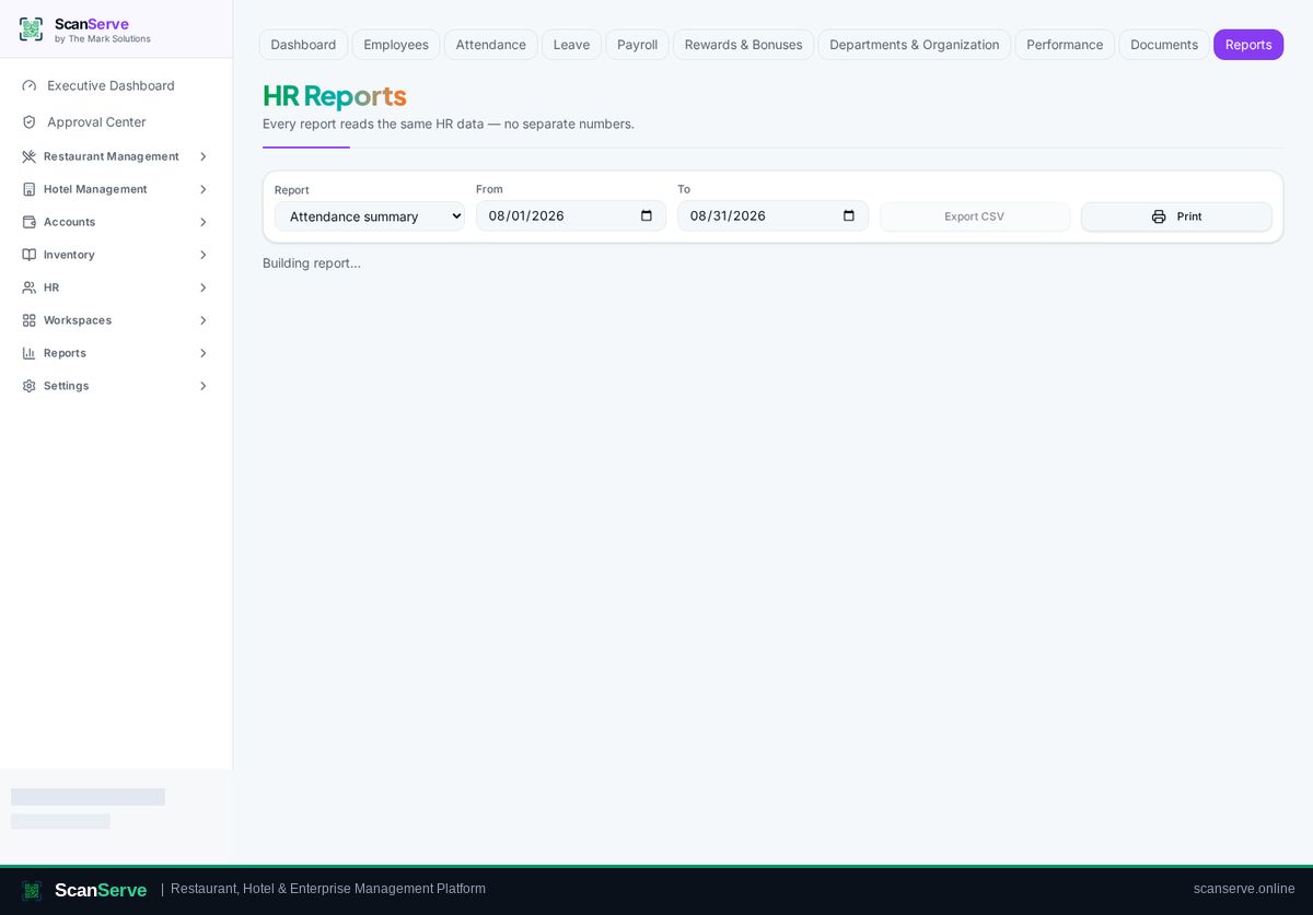 ScanServe HR & Payroll — Attendance & leave: Check attendance reports