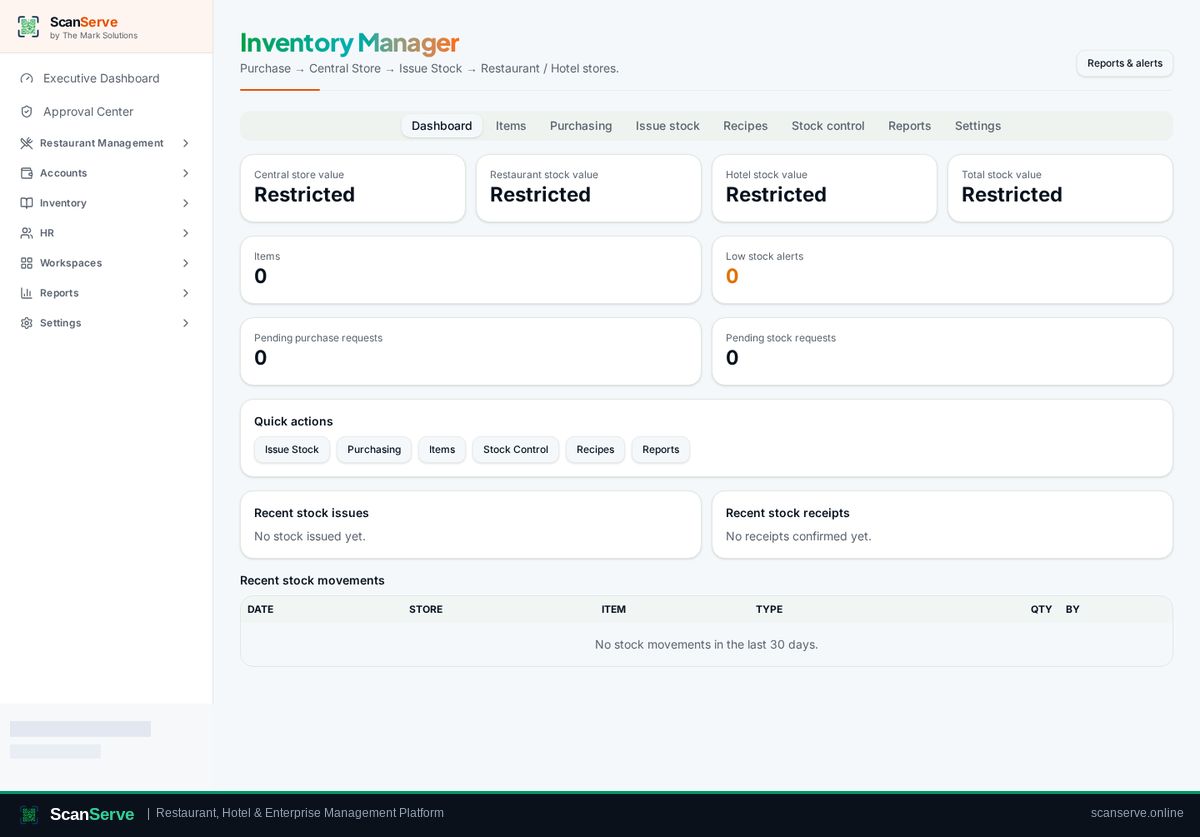 ScanServe Central Inventory workspace dashboard