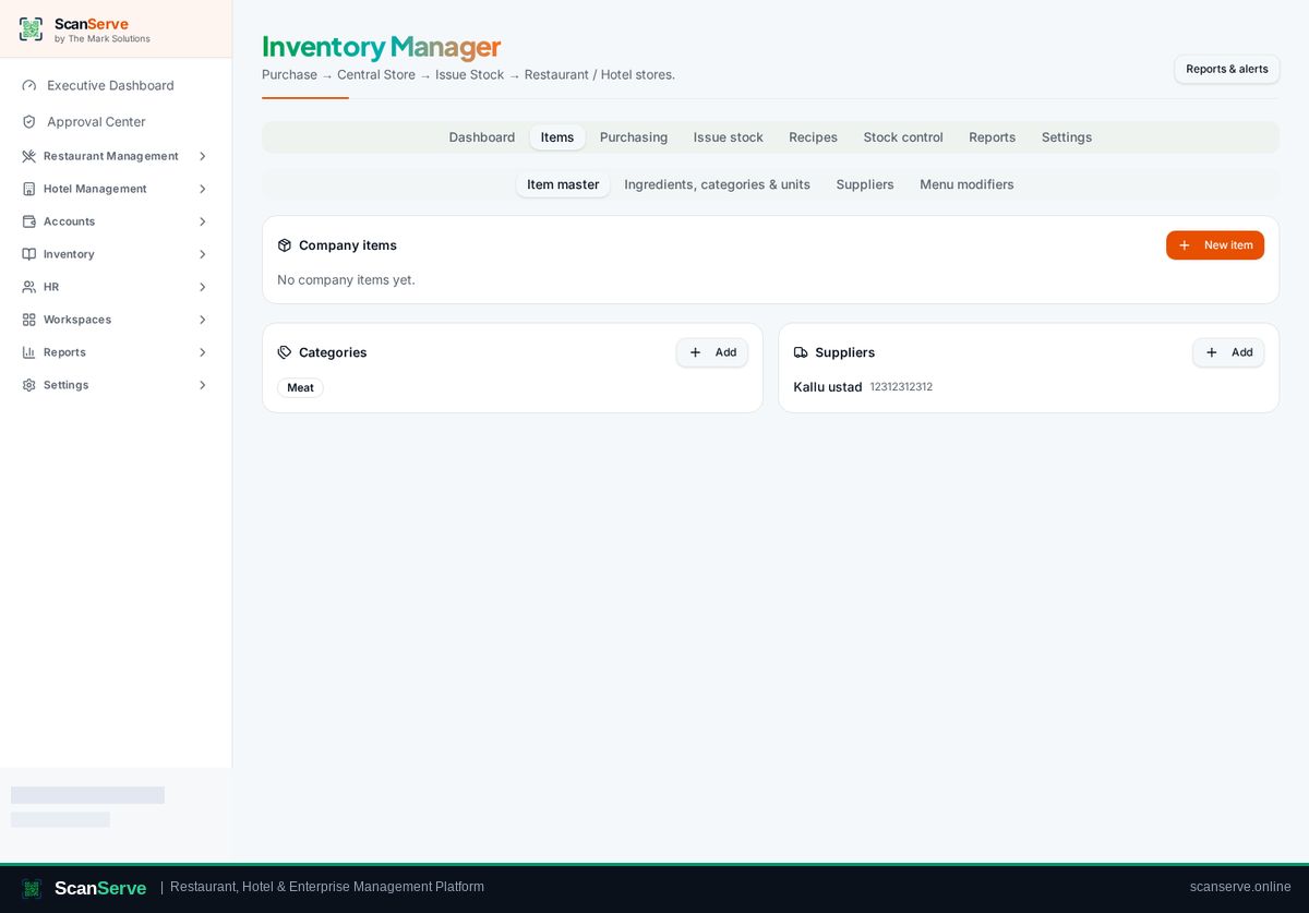 ScanServe Central Inventory — Build the item master: Go to Items