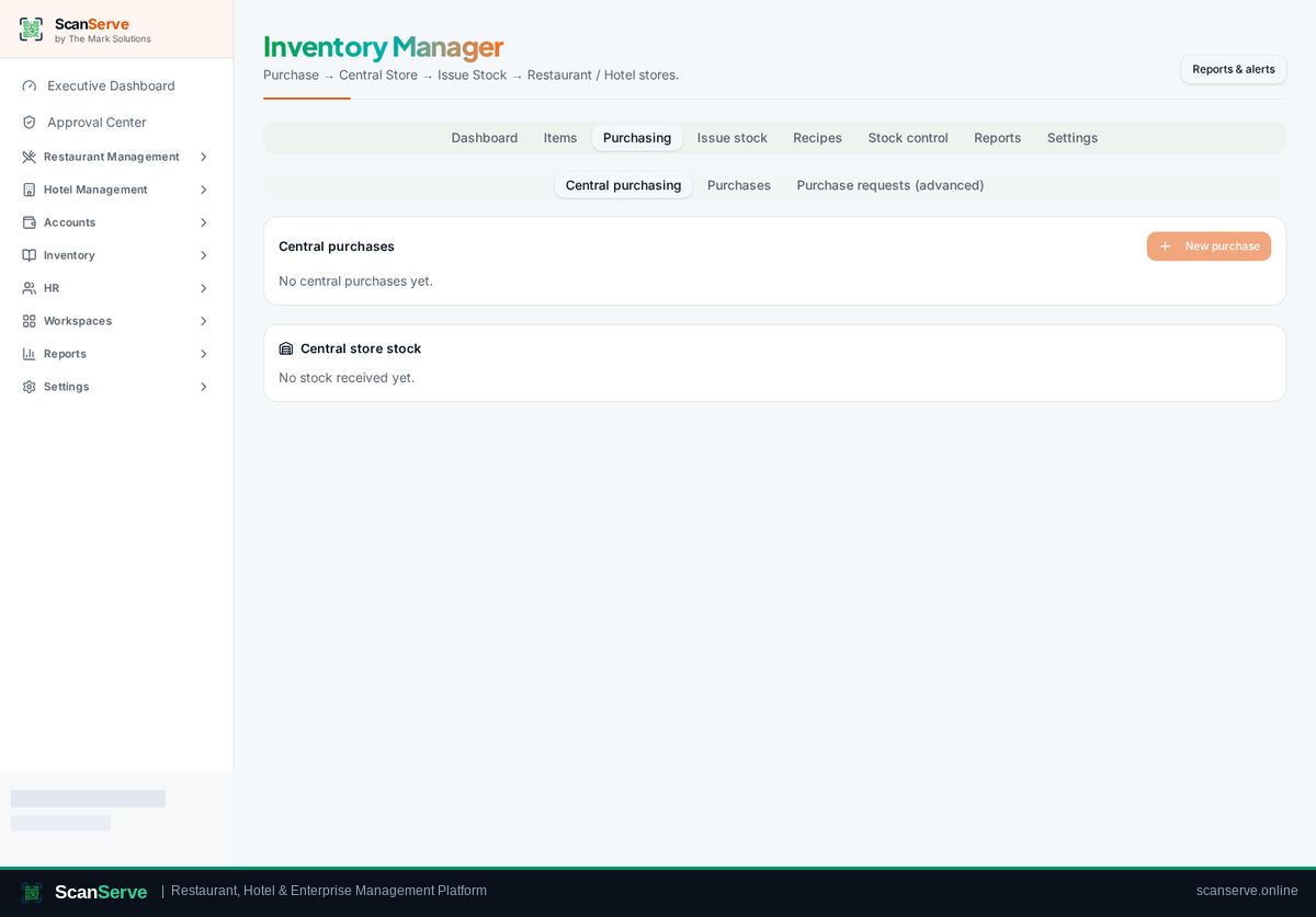 ScanServe Central Inventory — Request stock & get approval: Convert to purchase