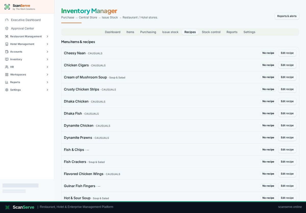 ScanServe Central Inventory — Recipes & automatic consumption: Open Recipes