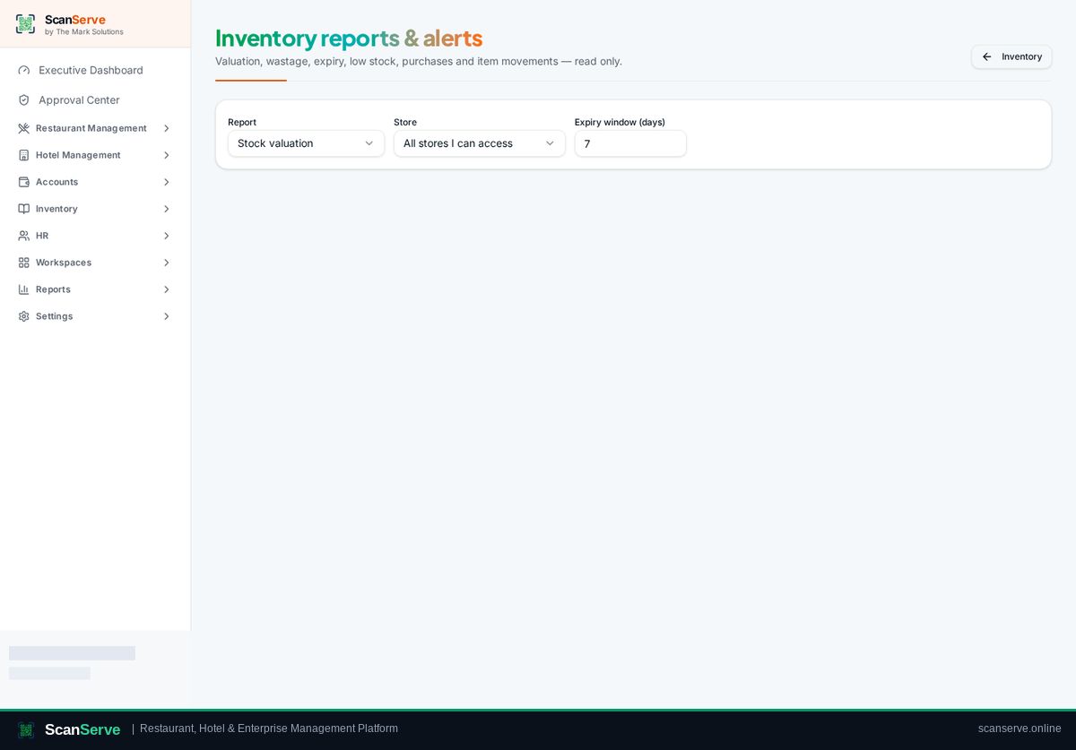 ScanServe Central Inventory — Valuation, alerts & reports: Open Reports & alerts