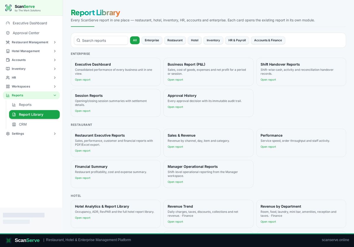 ScanServe Owner — Run reports & open the Report Library: Browse the Report Library