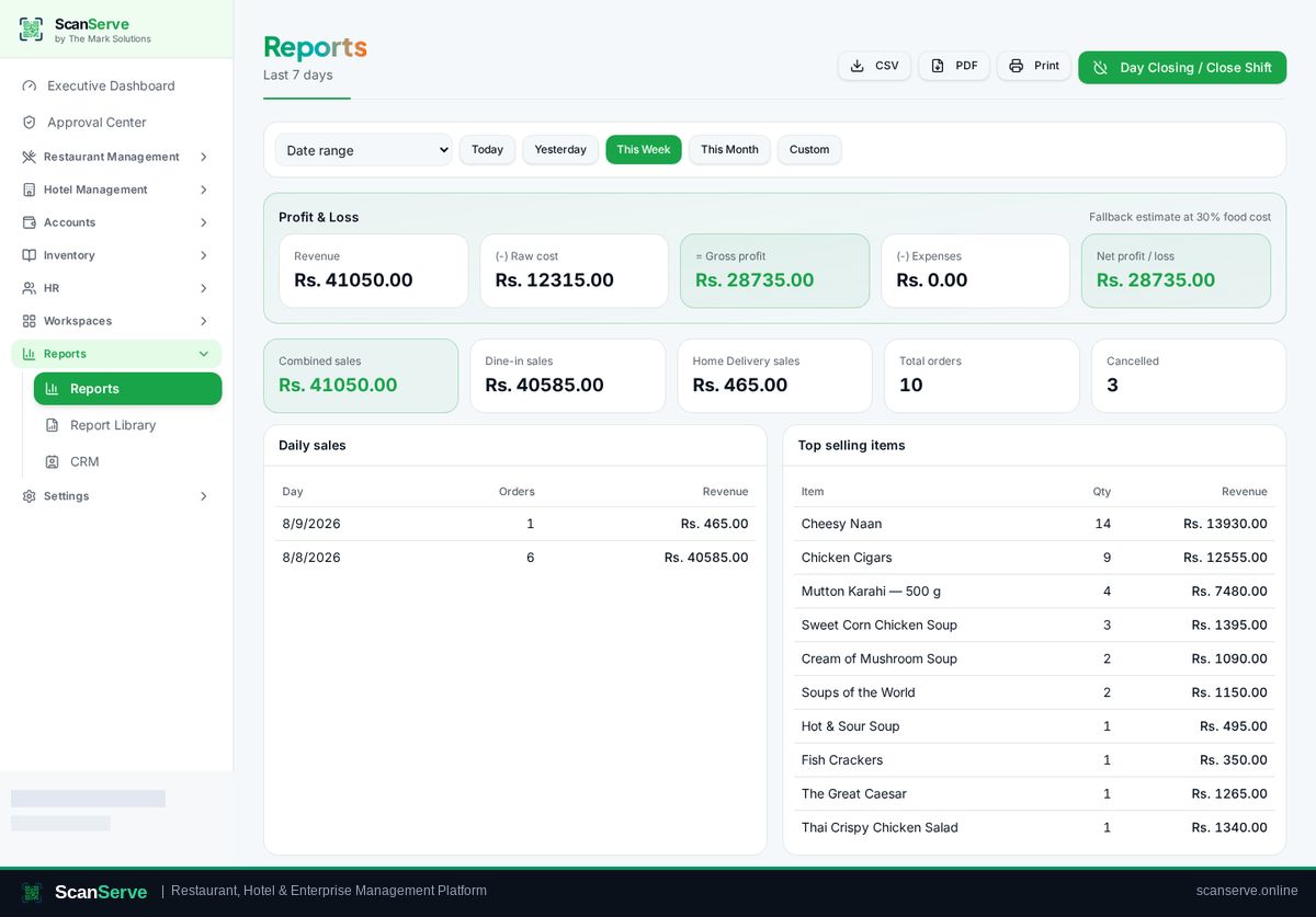 ScanServe Owner — Run reports & open the Report Library: Open Reports