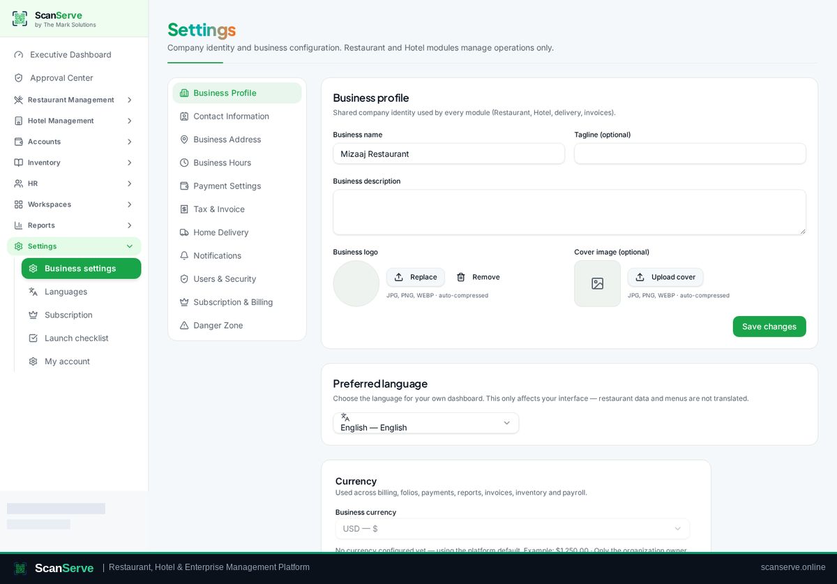 ScanServe Owner — Create & manage your enterprise: Manage everything later in Settings