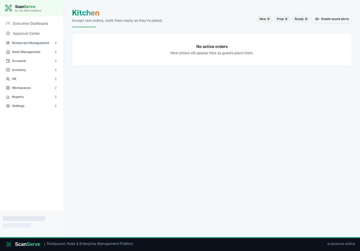 ScanServe Restaurant — Kitchen workflow: Open the Kitchen screen