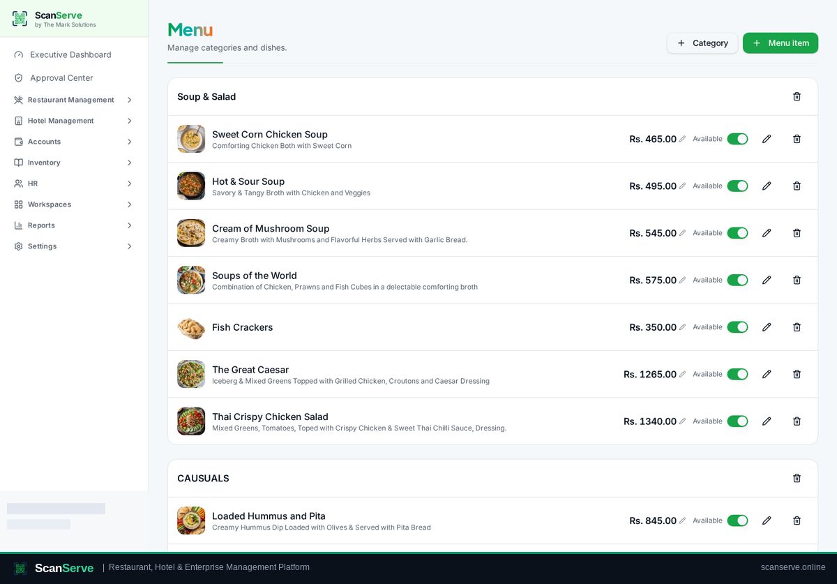 ScanServe Restaurant — Create your menu: Open Menu