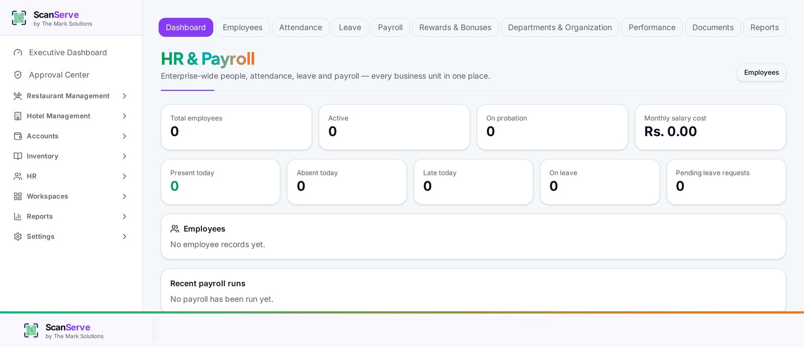 ScanServe HR and Payroll dashboard showing employees, attendance and salary cost