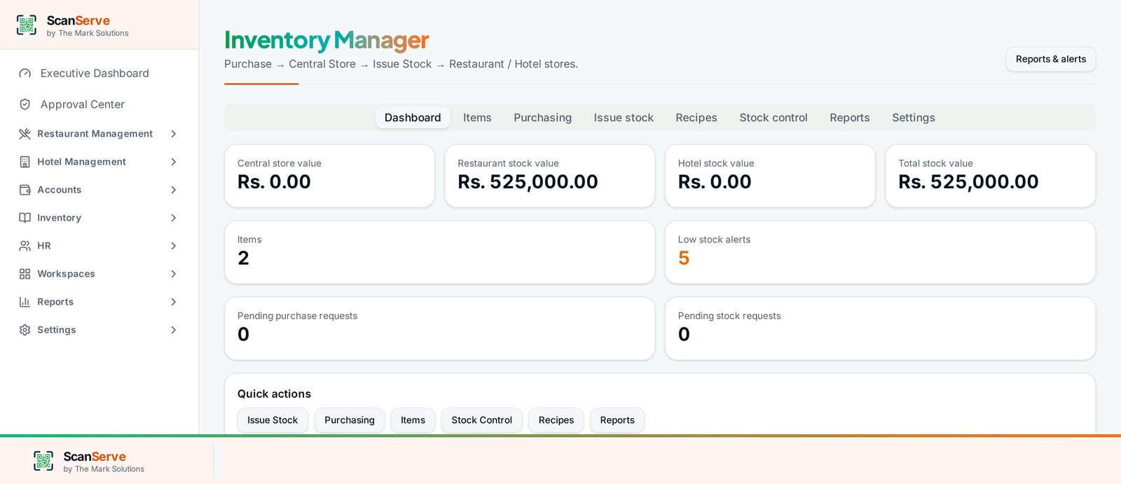 ScanServe Central Inventory Manager dashboard showing store stock value and low stock alerts